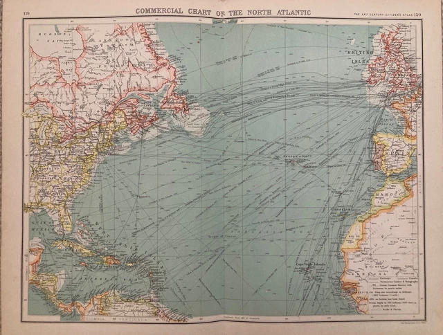 Antique 1902 Chart/North Atlantic Ocean/Original/Bartholomew/Print/Map