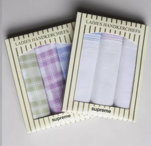 New Ladies 3 Multi-Pack Gift Boxed 100% Cotton Handkerchiefs Washable Hankies