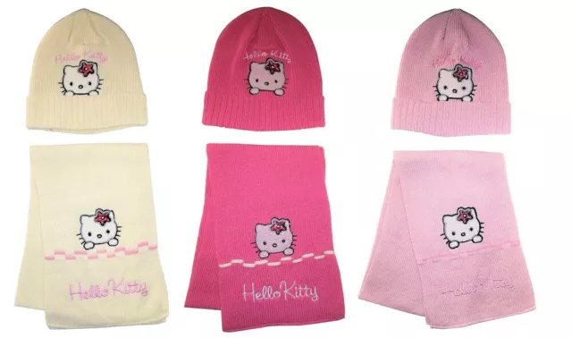 Hello Kitty 2er Winter-Set mit Mütze und Schal Mädchen rosa pink creme (Auswahl)