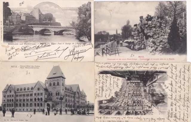 Lot de 4 cartes postales anciennes old postcards METZ MOSELLE timbrées reich 3