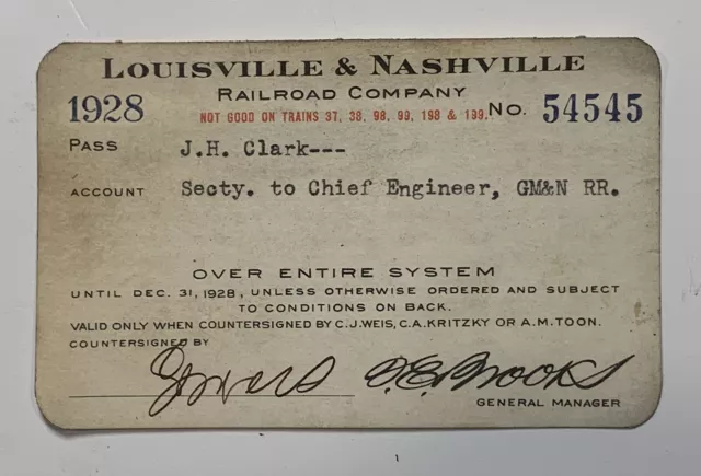 VINTAGE TRAIN PASS: 1928 Louisville & Nashville Railroad Co.