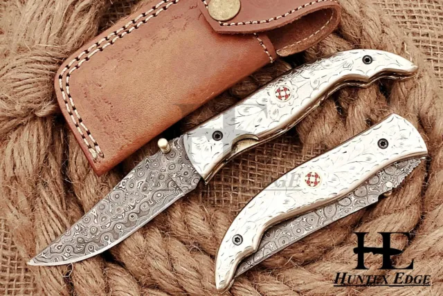 HUNTEX Custom Handmade Damascus Steel 110 mm Long Hunting Folding Pocket Knife