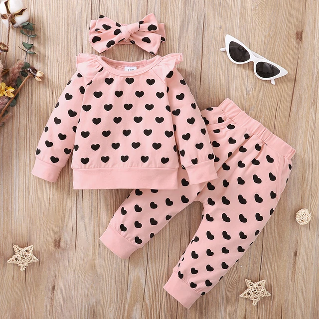 Kids Baby Girls Heart Print Ruffle Romper Tops Pants Headband Set Outfit Clothes 3