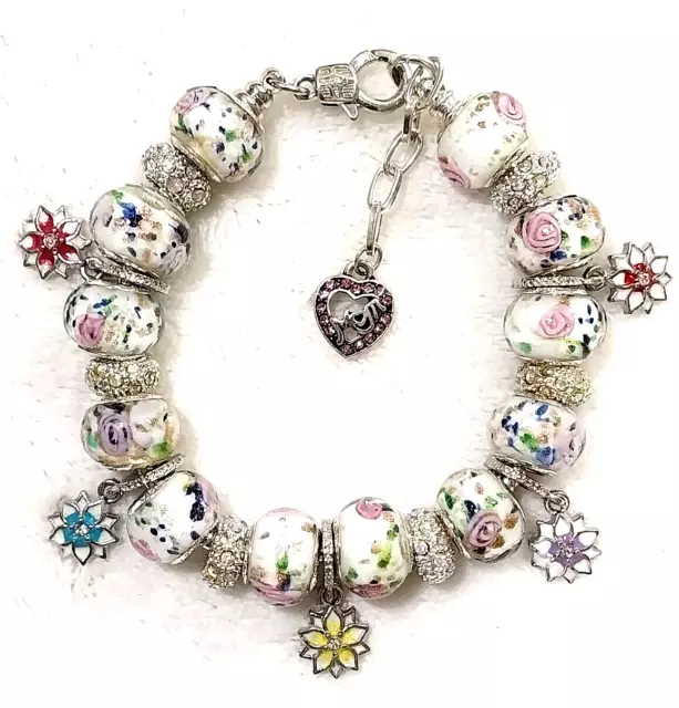 7.9" Flowers ~ Mom Dangle Charms Murano Lampwork Glass Beads Rhinestone Spacers