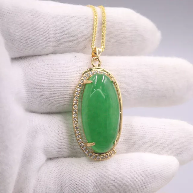 Beautiful 18K Yellow GP with Green Jade Oval Pendant 1.34" Long