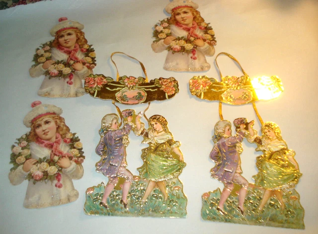 Lot 5 VTG Victorian Scrap Ornaments Die Cut Old Print Factory & 1980 Merrimack