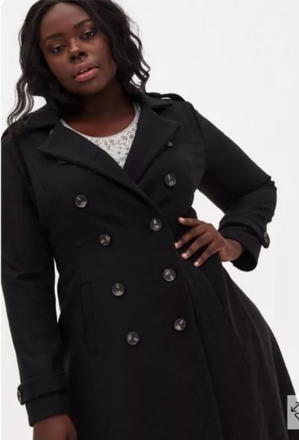 TORRID 2X PEA Coat Wool Car Black Double Breasted Trench Military Fit ...