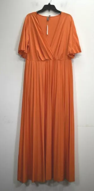 Asos Women Solid Orange Flutter Sleeve Surplice Neck Pleated Maxi Dress 16