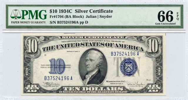 1934C $10 Silver Certificate Blue Seal Fr# 1704 PMG Gem66 EPQ