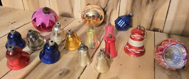 Lot 16 Vintage Blown Glass Christmas Tree Ornaments Bells Balls Variety Estate