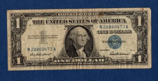 1957 Silver Certificate One Dollar Bill $1 Blue Seal Avg Circulated - N20860473A
