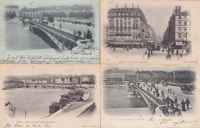 Lot de 4 cartes postales anciennes old postcards LYON timbrées brouillard 4
