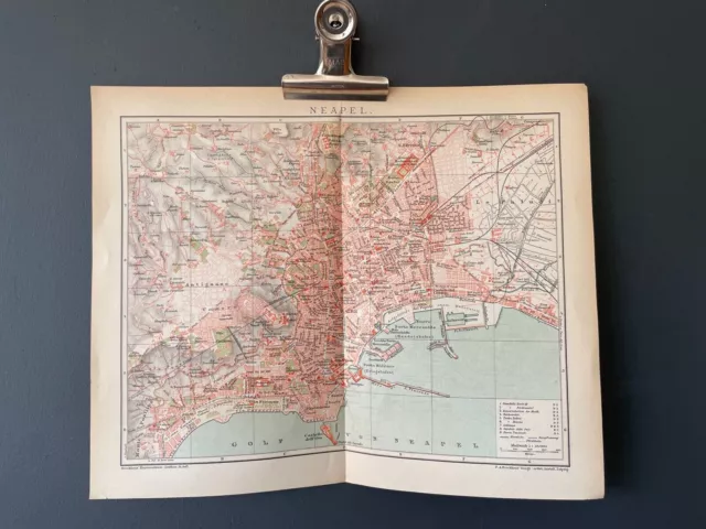 Napoli Italia Rara stampa antica della mappa Brockhaus del 1900 SPEDIZIONE...