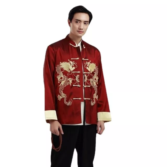 Men Chinese Clothing Tang Suit Coat Oriental Kung Fu Tai Chi Jacket Dragon Print