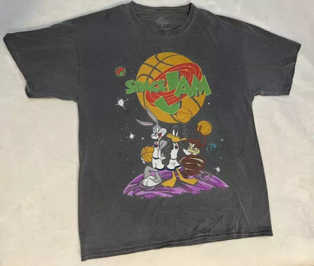 Space Jam T Shirt L Grey Graphic Looney Tunes Characters Short Sleeve