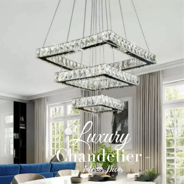 Modern Chandelier 2/3 Tier Square LED Ceiling Hanging Light Crystal Pendant Lamp
