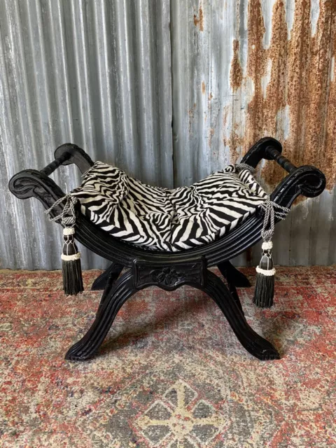 Antique Vintage Style X Frame Stool Seat Black Ebonised Zebra Print Tasselled