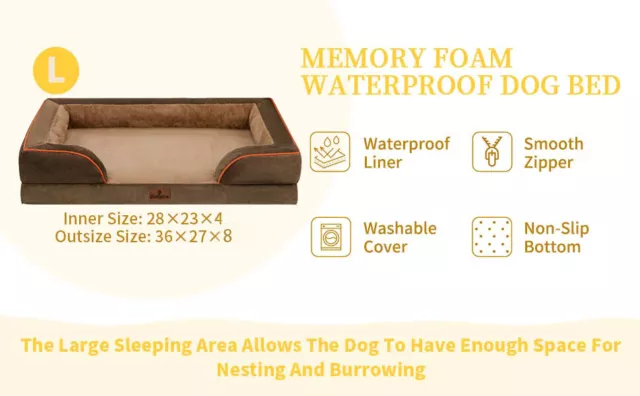 L Brown Dog Bed Orthopedic Memory Foam Waterproof Sofa Removable Bolster Cover