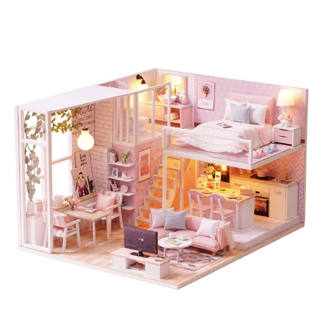 1x Mini Dollhouse Kit Small Apartment Pink Room Box Miniature DIY Handmade Gift