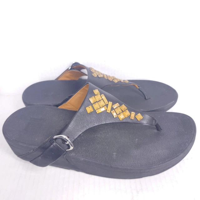 FitFlop Sandals Women's 9 Blue Leather Toe Post Thong Buckle Jeweled Comfort