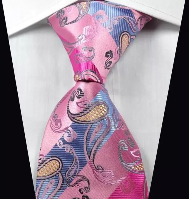 New Luxury Paisley Pink Blue Beige Jacquard Woven 100% Silk Men's Tie Necktie
