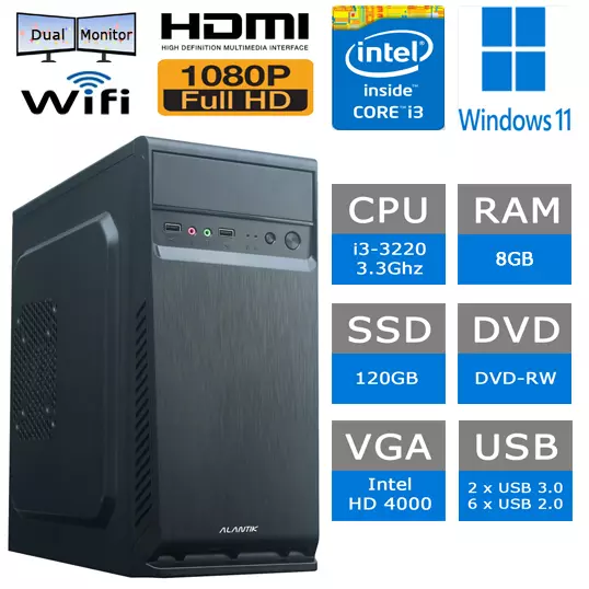 PC FISSO COMPUTER DESKTOP i3-3220 RAM 8GB SSD 120GB DVD WIN 11 OFFICE 2021