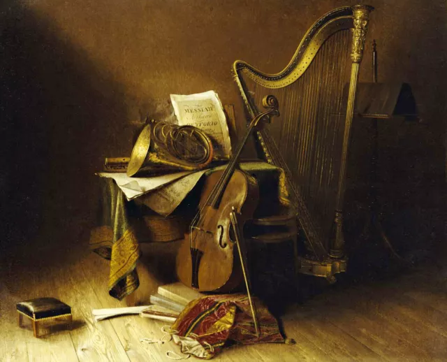 American School "Still Life With Musical Instruments" french horn gold Brown