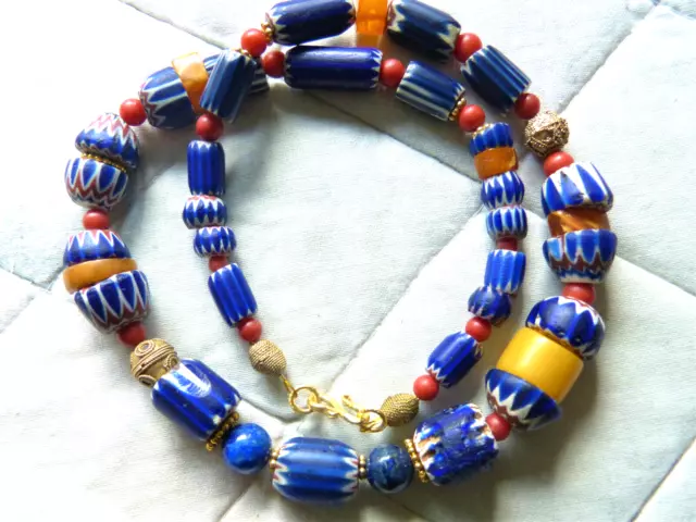 Antique Venetian Chevron Beads Necklace with antique Moroccan amber and coral