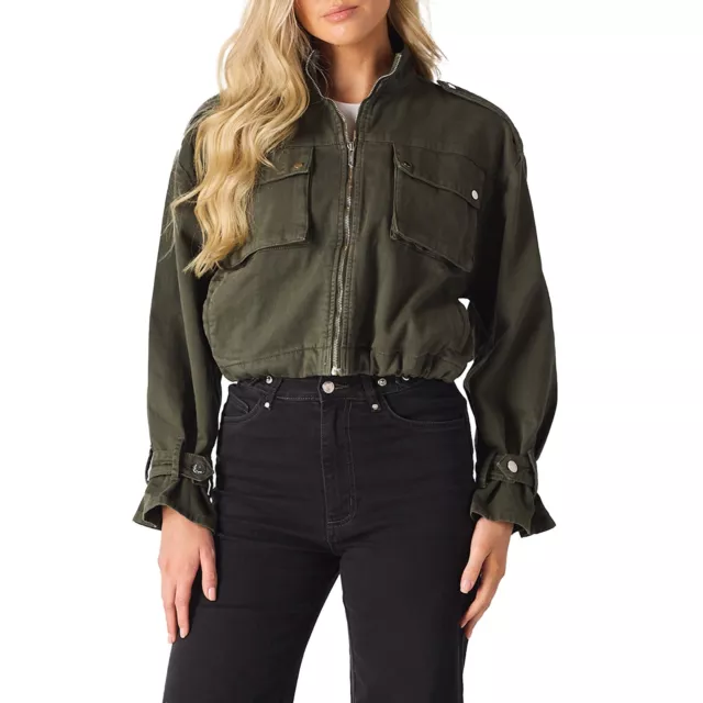 Womens Denim Jacket Khaki Premium Utility Long Sleeve Cropped Coat UK All Sizes