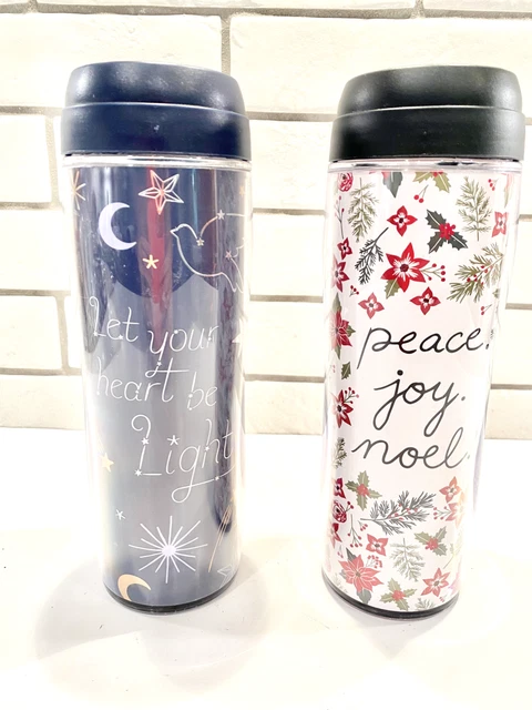 Set of 2 Kohl's Insulated Tumbler Travel Mug Cup 16oz Peace Joy Noel Poinsettia