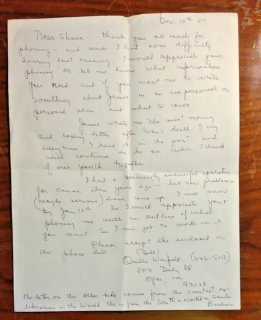 1988 Letter ~ James Baldwin's PS 24 Teacher Orilla Winfield -RE: Baldwin's Death