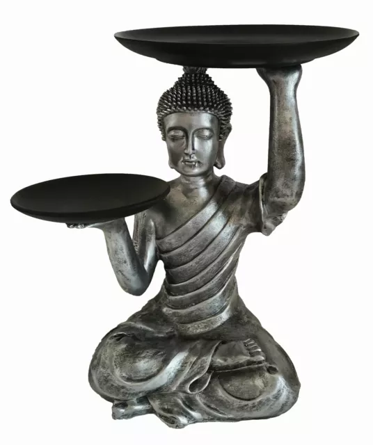 Moderne Skulptur Dekofigur Buddha aus Kunststein Silber/Schwarz Höhe 34 cm