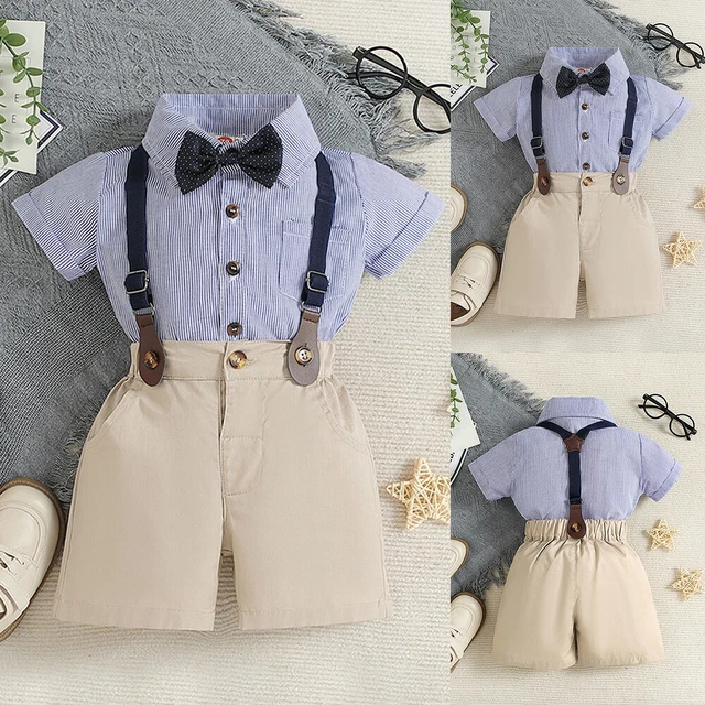 2PCS Infant Baby Boys Gentleman Outfits Romper Tops+Straps Shorts Clothes Set US