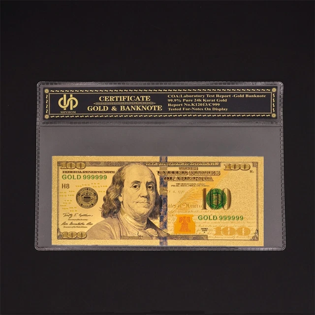 American Gold Dollar $100 Color Banknote Golden Foil Money UNC Bill With COA