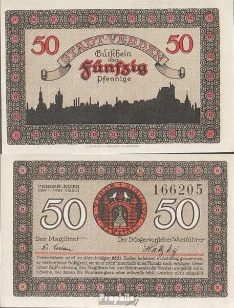 Banknoten Verden 1921 Notgeld: 50 Pf Notgeldschein der Stadt Verden bankfrisch