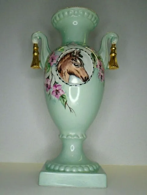 Vintage Antique 1930s Empire Ware England Urn Vase Horse & Flowers Seafoam Green