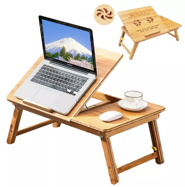 22" Bamboo Folding Notebook Laptop PC Lap Bed Stand Table Desk Tray w Drawer FAN