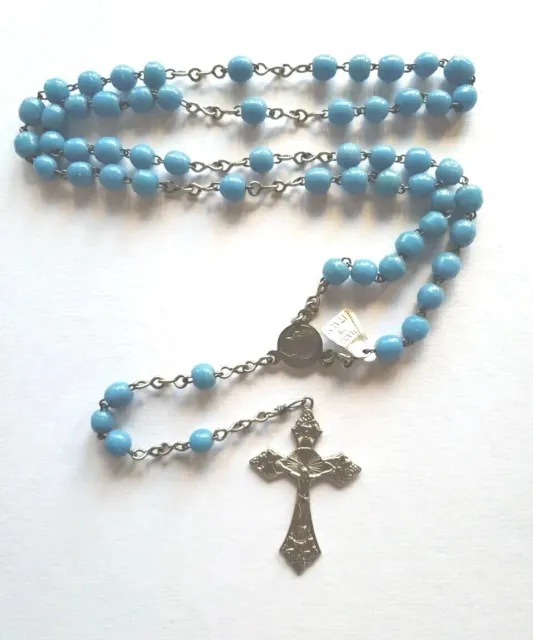 Vtg Rosary Beads Baby Blue Glass Medal Crucifix Italy 🇮🇹..
