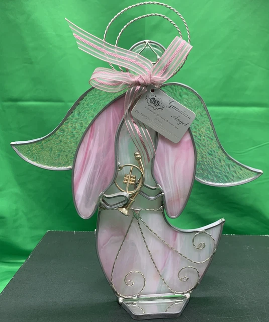 ✨Stained Glass Angel Votive Candle Holder Trumpet Tea Light 11.5” Pink 1987✨
