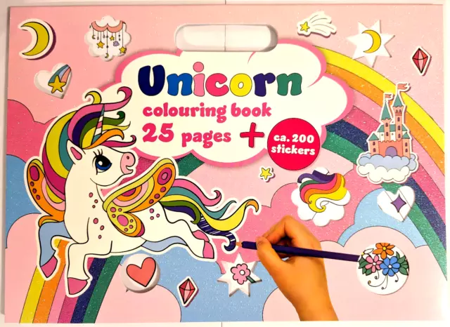 Einhorn Malbuch für Kinder mit 25 Seiten + 200 Aufkleber 34x25 cm NEU Regenbogen