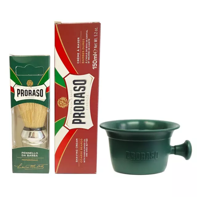 Tubo de afeitar rojo Proraso 150 ml + tazón de afeitar + cepillo cromado grande