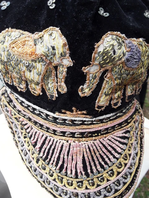 Vintage Burmese  Beaded Cap Elephant Sequin Embroidered Hat Black Velvet