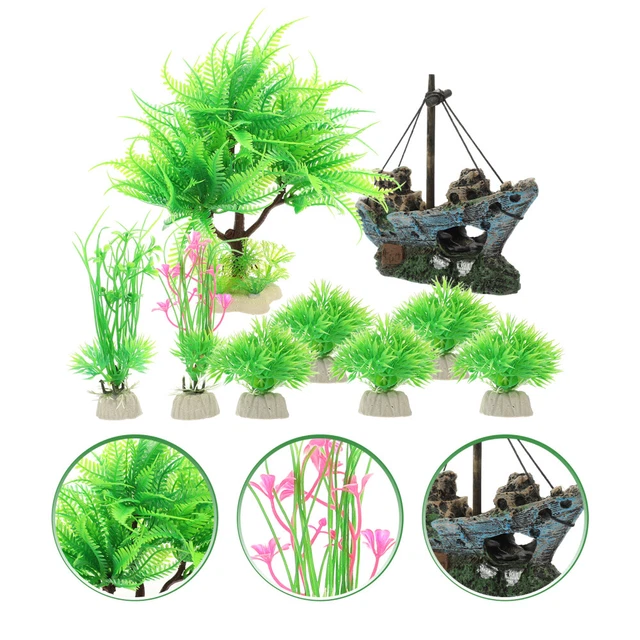 Decorazione Acquario - 1 Testa D'Albero E 2 Piante Acquatiche Artificiali In Resina E PVC - Foto 5