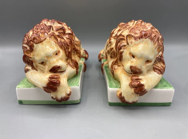 PAIR Vtg Eximious Italy Hand Painted Ceramic Pottery Lion Figures / Bookends 2