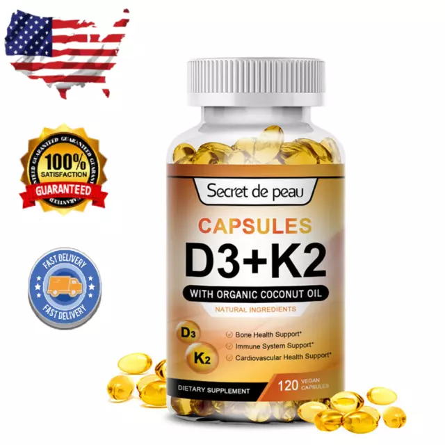 120Pcs Vitamin K2+D3 Supplement Strong Bones, Healthy Heart & Mood Booster Vegan