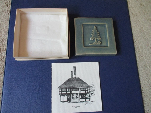 Art Nouveau Tile Pottery by Pewabic Pine Tree Green 4" x 4" Handmade 1989 NIB *