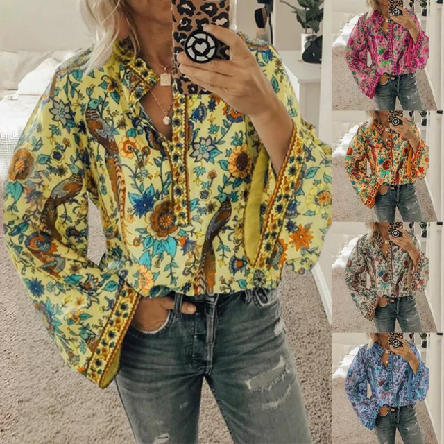 Women Ethnic Floral Boho Tops Ladies Long Sleeve Casual Holiday Blouse T Shirt