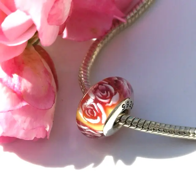 Pink Roses Murano Glass BEAD SILVER Charm Pendant 925 FIT BRACELET