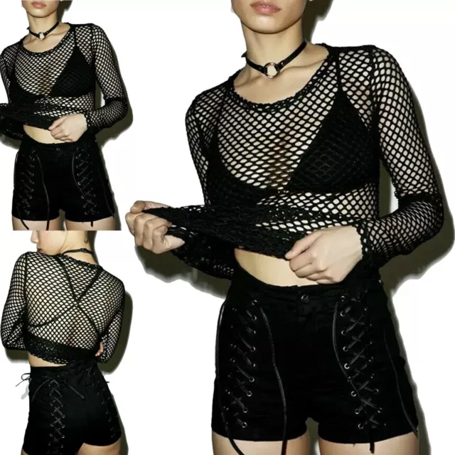 Women Long Sleeve Fish Net Mesh Sheer T shirt Top Ladies Casual Blouse Sexy goth