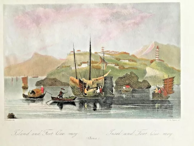 👍 1850 Albert Henry Payne Steel Engraving of CHINA - Island and Fort Que Moy